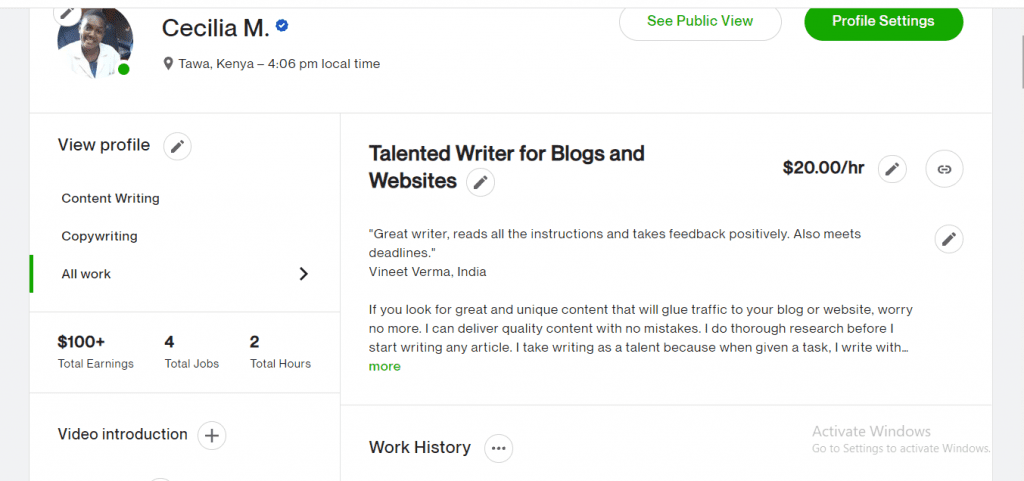 My Upwork profile after I learnt how to write winning bids