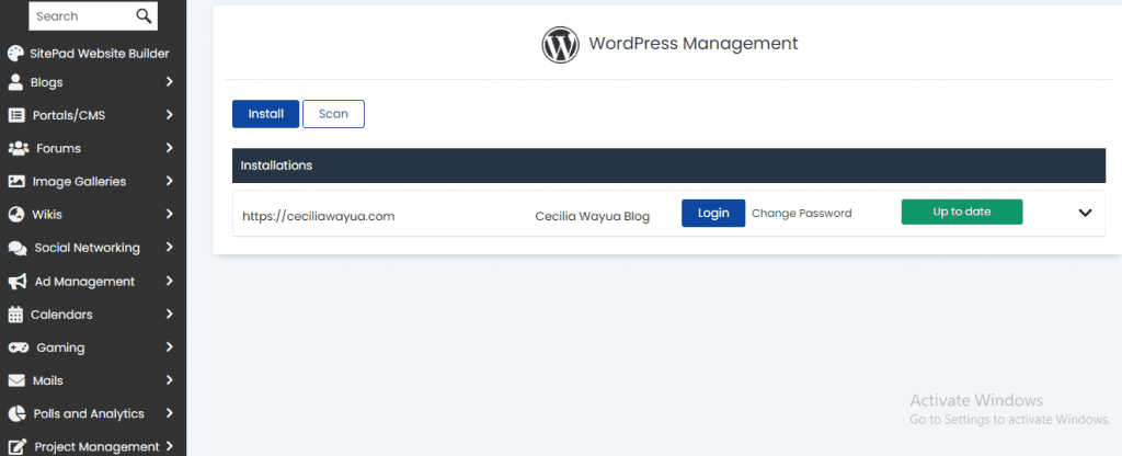 WordPress login area